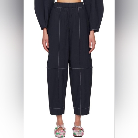 Ganni Elasticated Curve Pant in Navy Size L/40 52% Cotton - Picture 2 of 16